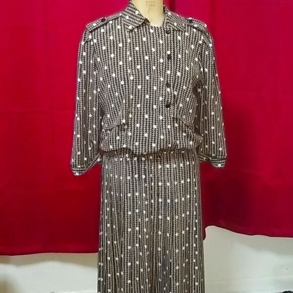 Vintage Liz Roberts Houndstooth white polka dot Cottage core tan SZ 10 dress - Picture 1 of 7